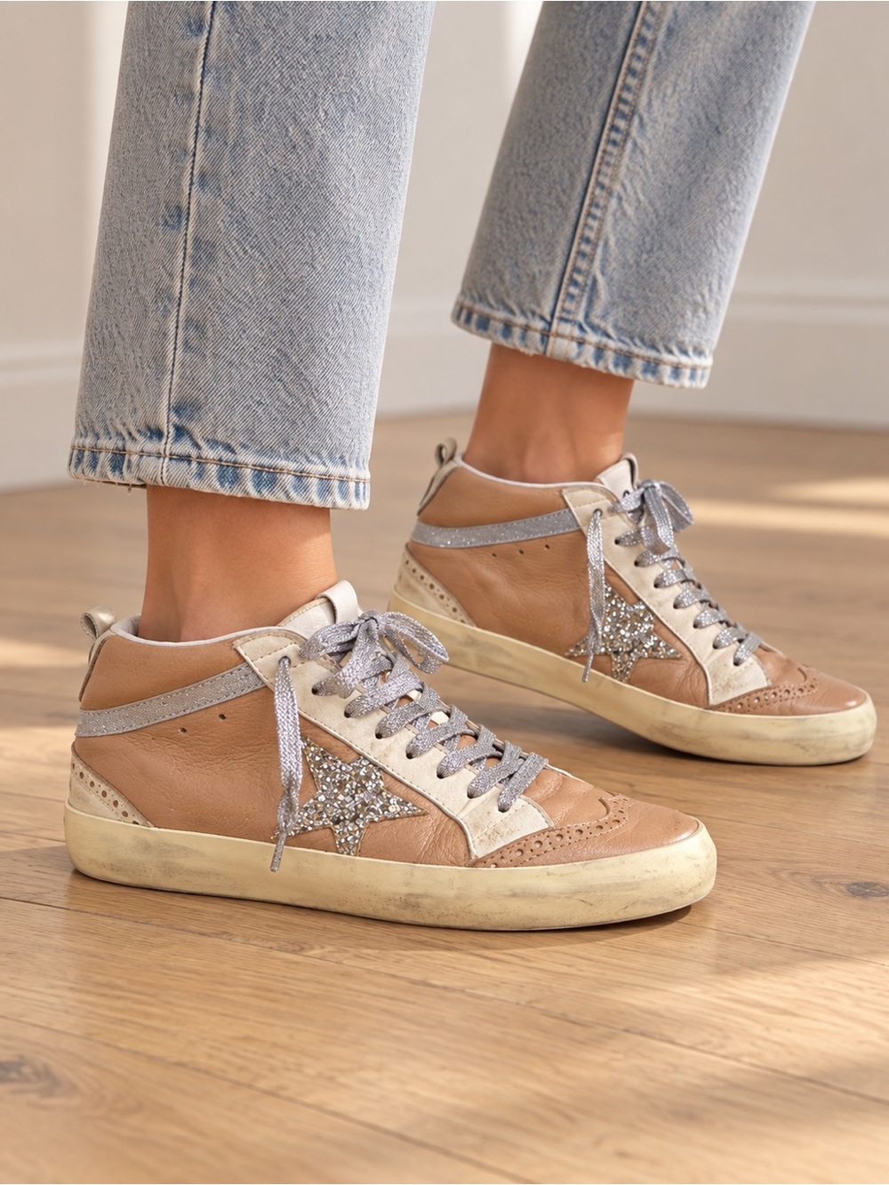 Golden Goose Mid Star Classic Beige Platinum/White Leather Sneakers – Size 38